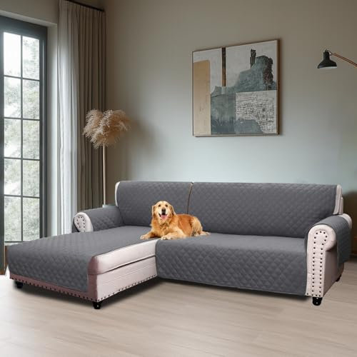 BellaHills Sofabezug L Form 3 Sitzer (247cm), Couch Überzug L Form Mit Armlehne, Ecksofa Bezug Links Für Hund Katze, Sofa Überzug Eckcouch rutschfest Sofa Auflage für Wohnzimmer, Grau