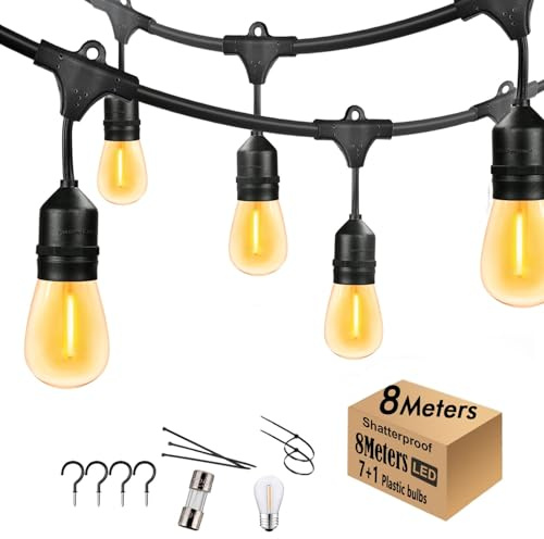 Yuhoolamp Outdoor Festoon String Lights 8Metre Mains, 7+1 Shatterproof S14 Bulbs for Patio Pergola Bakyard Fence Garden Gazebo Bistro Party, Extendable, Hooks and Zip Ties Included for Install