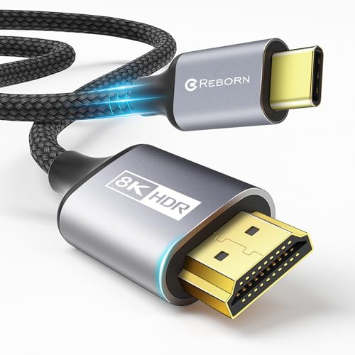 Reborn USB C to HDMI 2.1 Cable [8K@60Hz,4K@144Hz,2K@240Hz] 15FT Aluminum Type C to HDMI 8K Cord Support 48Gbps/HDCP2.3/HDR [Thunderbolt 3/4 Compatible] for MacBook, iPad Pro, XPS,S22,iPhone 15 Series