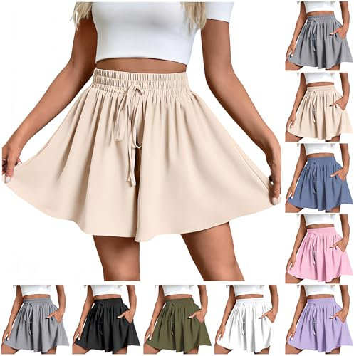 Sommer Shorts Damen Leicht Hosenrock mit Taschen Stretch Hohe Taille Kurze Hose Elegant Weites Bein Sommerhose Baggy Urlaub Kurze Strandhose