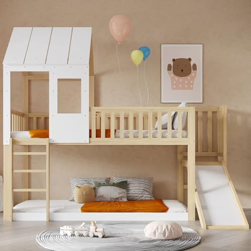 LTGB High Sleeper Bed with Slide & Desk, 90x190cm Kids Loft Bed, Multifunctional Playhouse Design with Storage Stairs, Roof Windows, Pine+MDF+Plywood, White & Wood