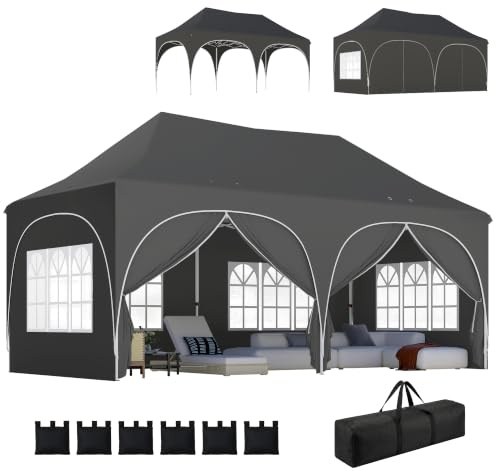 Outsunny Tonnelle Pliante 3x6m Imperméable Anti-UV 6 Parois 6 Sacs Gris | Barnum, Tente de Réception, 12 Trous de Drainage, Pavillon Pop-Up, 4 Fenêtres Église, Mariage, Marché