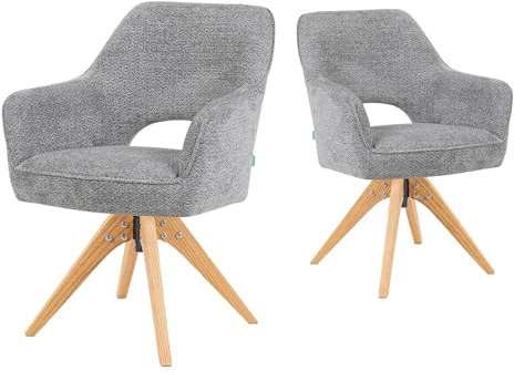 DUBI Möbel 2er Set Premium Esszimmerstühle MIKA-Lena | Polsterstuhl Drehbar mit Taschenfederkern & Armlehne – Skandinavischer Küchenstuhl, Massivholz Eiche Gestell, 150kg Belastbar, Grau Webstoff