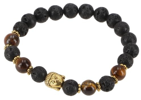 Mala Armband, Handmala Buddhaperle, 8 mm, Schmuck, Lava/Tigerauge/gold | Handgefertigt, elastisch, einzigartige Maserung, symbolträchtig, edler Look, harmonisierend