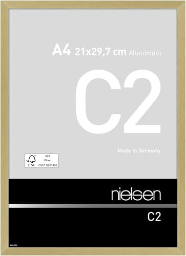 nielsen Bilderrahmen, 21 x 29,7 cm (A4), Aluminium, Gold matt, Dokumentenrahmen zum Aufhängen im Hoch- & Querformat, Echtglas, C2
