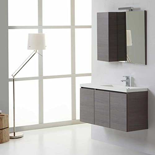 Kiamami Valentina - Mobile bagno sospeso 90cm grigio 3 ante, lavabo con vasca destra, specchio con pensile a sinistra | Manhattan