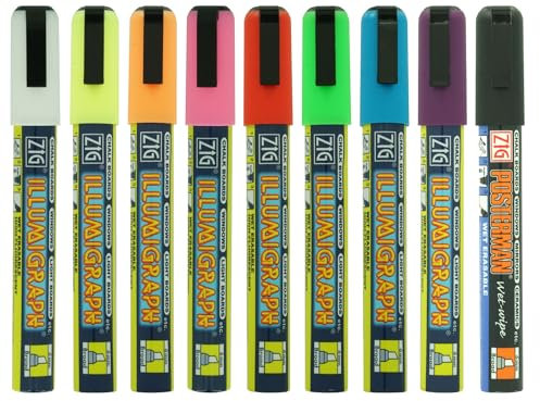 TAMLED Kreidemarker 5 mm Set mit 9 Farben - weiß - schwarz - blau - gelb - grün - orange - pink - rot - lila - Neonfarben, fluoreszierend