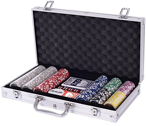 COSTWAY Pokerset Pokerkoffer 300 Laser-Chips Alukoffer inkl. Komplettset (Silber)