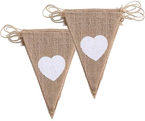 ManYee Bannergirlande Hochzeit aus Segeltuch Banner aus Jute rustikal Bunting Dreiecksflagge Motiv Herz weiß für Party Hochzeit Geburtstag (2 Stück)