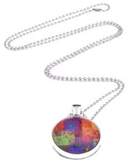 Adi- Modeschmuck Kette Samara, 70cm lange Kugelkette mit einem runden 25mm Anhänger mit beidseitig bunten Motiven unter Glas Cabochons, handgearbeitet in Berlin (Motive 6)