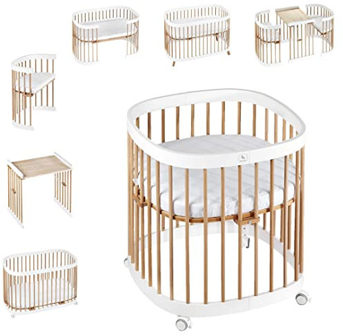 tweeto® Babybett Kinderbett 7-in-1 (Plus) | bis zu 10 Funktionen | inkl. atmungsaktiver Matratze (Weiss-Buche)