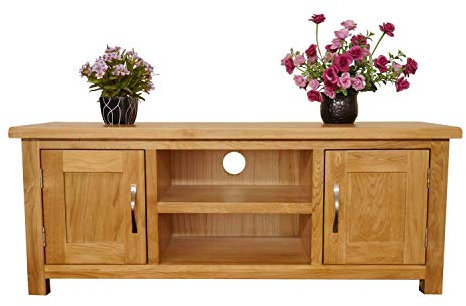 Corona Oak TV Cabinet Surrey Large Unit, Light Lacquer Finish Natural Unit OAK Solid Wood