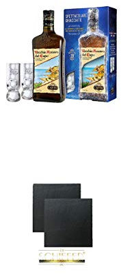Caffo Vecchio Amaro del Capo Kräuterlikör 0,7 Liter + 2 Gläser in Geschenkverpackung + Schiefer Glasuntersetzer eckig ca. 9,5 cm Ø 2 Stück