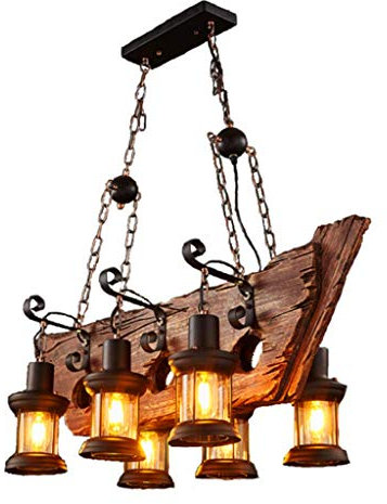 Hölzerne Pendelleuchte Industrie Retro Boot Holz Kronleuchter Höhe Verstellbar E27 6-Lichter Vintage Hängelampe Küche Kaffee Deckenleuchte Kreatives Restaurant Glas Lampenschirm Dekoration Beleuchtung