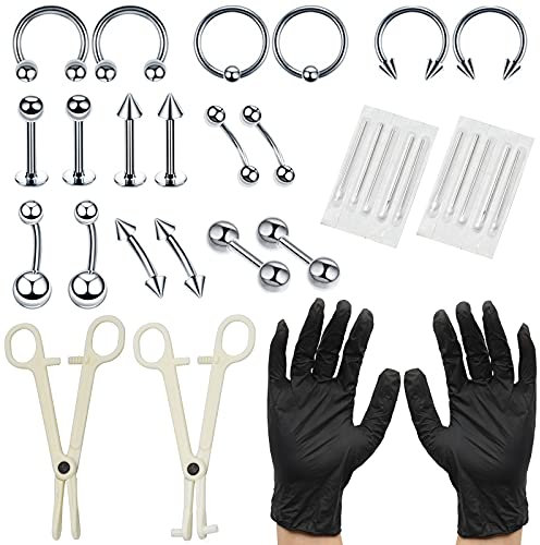CECOMBINE 42Pcs Body Piercing Tool Kit, Professional Stainless Steel with Clamp Gloves Piercing Needle Tool Kit for Lip Stud Eyebrow Earring Navel Ring Full Body Piercing Set (Silver)
