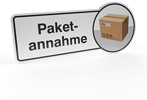 Betriebsausstattung24 Hinweisschild Paketannahme - Aluminium- Verbundplatte (BxH): 30,0 x 13,0 cm - Befestigungsart: Zum Verkleben oder Verschrauben - Text und Symbol Schild - Paket Schild
