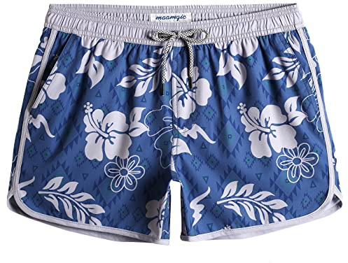 MaaMgic Short de Bains Homme Maillot de Bain Court 4 Way Stretch Vintage 80 90 Séchage Vite a la Plage,Fleur Gris Bleu,XL