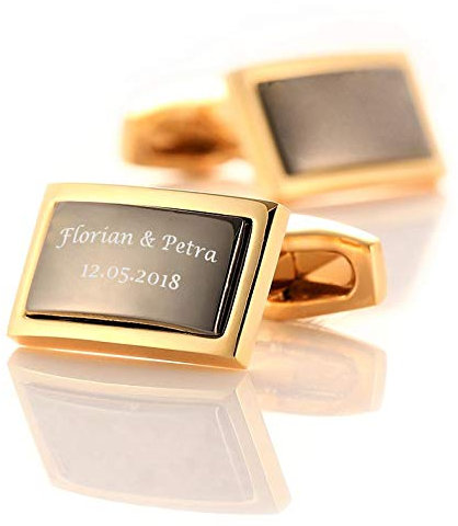 ID Manschettenknöpfe gold-schwarz mit Gravur nach Wunsch Edelstahl, Hochzeit mit Box (Mit Gravur+)