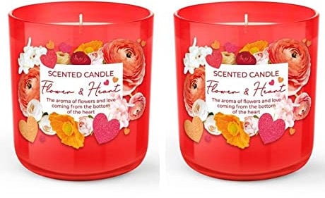 Dekohelden24 Duftkerze/Windlicht/Kerze im Glas - 2er Set/Duftrichtung Flower & Heart, L/B/H 8,5 x 8 x 8,5 cm, 150g