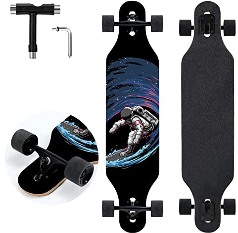 TLHB Longboard Skateboard, 41 Inch Drop Through Longboard Complete 9-Ply Nature Maple Premium Cruiser Long Board for Adults, Teens and Kids - High-Speed Bearings & T-Tool-Spaceman