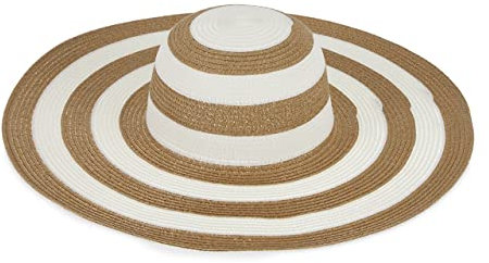 Relaxdays Strohhut, Damen, eleganter Schlapphut mit breiter Krempe, für Kopfumfang: 56 cm, gestreifter Hut, braun/weiß