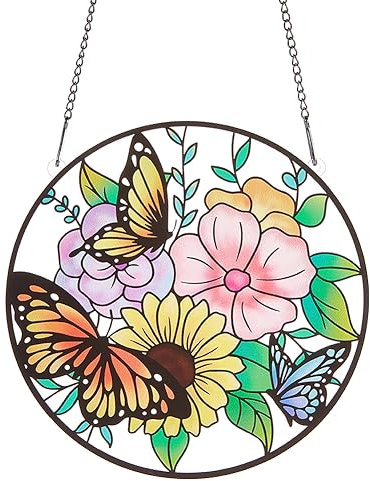 PLIGREAT Schmetterlings-Blumen-Sonnenfänger Fenster-Wand-Kunstbehang Ornament, Handbemalt Bunte Acrylglasscheibe Kunsthandwerk Garten-Sonnenfänger Für Heimdekoration, Einweihungsgeschenk