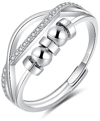 Bewenda Silber Anxiety Ring, 925 Sterling Silber Angst Ringe für Frauen Damen, Weißgold Bead Spinner Fidget Ring mit Zirkon, Verstellbar Anti Stress Ringe, Unendlichkeit Stimmungsring mit 5 Perlen