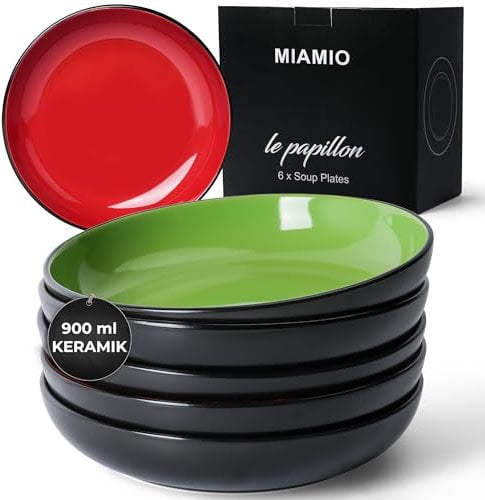 MIAMIO – 900 ml / 22 cm Set of 6 Pasta Bowls/Salad Bowls, Pasta Plates Wide and Shallow Bowl, Large Ceramic Stoneware Deep Plate Serving Soup - Le Papillon (Mixed)