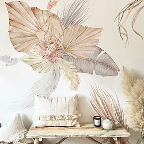 Neukids 3pcs 38×150 cm Groß Wandtattoo Pflanzen,Boho Aquarell Distel und Palme Blätter Wandaufkleber,Blätter wand aufkleber dekoration,Wandsticker Wohnzimmer Schlafzimmer Büro Sofa Flur wanddeko Rosa