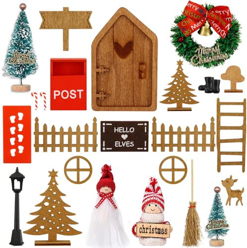 Set Completo per Porta del Gnomo Natale 26 Pcs,Accessori per Porta del Gnomo,Natale in Miniatura con Porta Lampada Recinzione Albero di Natale Scala,Decorazione Natale,Accessorio per Natale