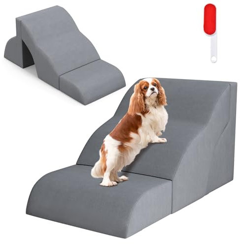 COSTWAY Hundetreppe 3 Stufen Set, rutschfeste Hundestufe aus Schaumstoff, Haustiertreppe für Hunde Katzen, Katzentreppe Abnehmbar, Hunde Treppe für Sofa Bett, Waschbarer Bezug, Grau