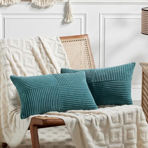 FDTERN 2er Set Blaugrün Kordsamt Kissenbezug 30x50 Weich Dekorative Kissenbezüge Kissenhülle Dekokissenbezug Sofakissen Dekokissen Boho Deko für Sofa Schlafzimmer Wohnzimmer