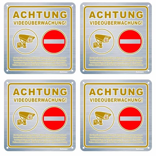 Schild Videoüberwachung Klein, 4 Stück Privatgrundstück Schilder, 15x15cm Aluminium Achtung mit DSGVO Hinweis, Ashoaza Schild Videoüberwachung Privatgrundstück mit Selbstklebend und 4 Bohrlöcher