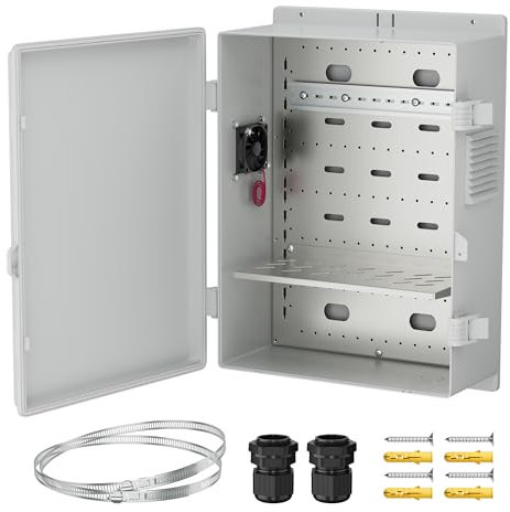 Joinfworld Vented Outdoor Enclosure Box 18.1x12.6x6.4 Outdoor WiFi Enclosure Waterproof White Nema Electrical Box with Cooling Fan for Electronics