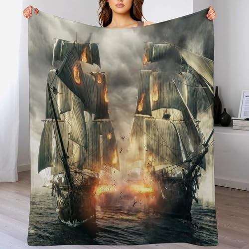 PAZZK Epische Seeschlacht Kuscheldecke Flauschige Decke Decke Vier Jahreszeiten Wohndecke Dicke Sofadecke Couchdecke Weiche Fleecedecke Flannel Sofaüberwurf Tagesdecke Für Bett/Sofa（100×130cm）