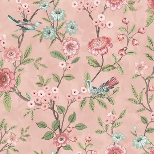 Eleanor Floral Birds Blush Pink Wallpaper - Flowers Botanical Naturistic Trail Leaves - Classic Stylish Feature Wall