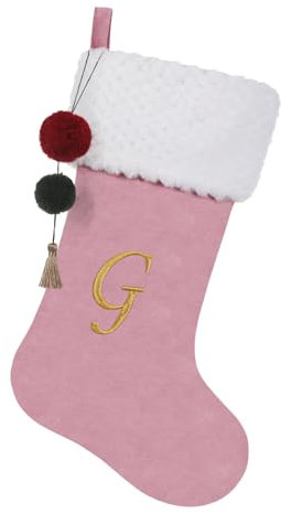 Pxniy Personalisierter Weihnachtsstrumpf aus Samt, Initialen, bestickter Buchstaben, Weihnachtsstrumpf mit Pompons, für Kamin, Hängedekoration und Weihnachtsgeschenk (Pink G)