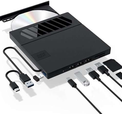 aichilra External CD & DVD Drives, USB 3.0 Type-C Portable CD Burner Writer with SD Slot & USB Ports DVD 8X CD 24X Super Fast Speed Disc Drive, DVD Player for Desktop PC MacOS Windows