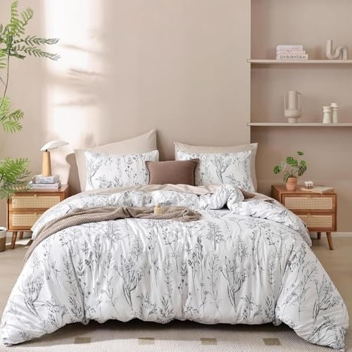 Freyamy Housse de Couette Floral 220x240+2 Taie d'oreiller 65x65cm Blanc Noir Fleurie Imprimé Parure de lit 2 Personnes Adulte Fleurs Sets de Housse Couette en 100% Microfibre avec Fermeture Éclair