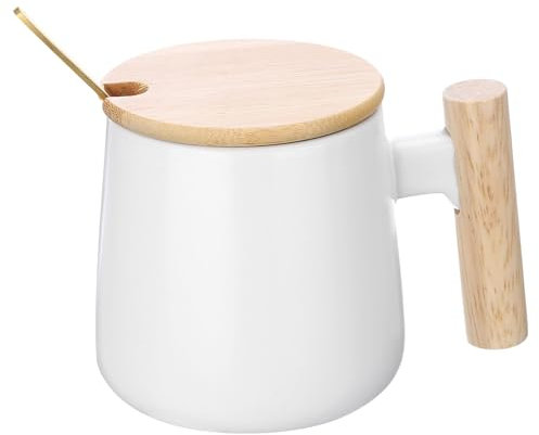 sourcing map Ceramic Coffee Mug 12.85 Oz Simple Wooden Handle Large Tea Cup Handmade Ceramic Mugs Gift Set with Lid and Spoon for Office Kitchen Home and Gifts for Women and Men, White