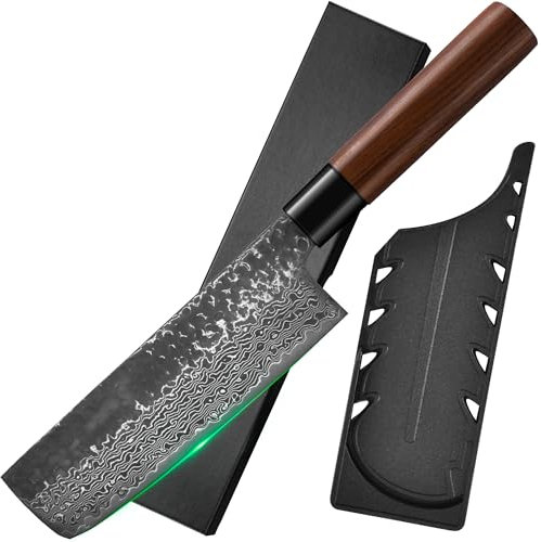 FULLHI Cuchillo Japonés de Acero Damasco con Funda, Hoja Forjada Martillada Mango de Madera Cuchillo Gyutou para Filetear con Caja para Cocinar, Camping Barbacoa (Cuchillo Nakiri de 17,5 cm)