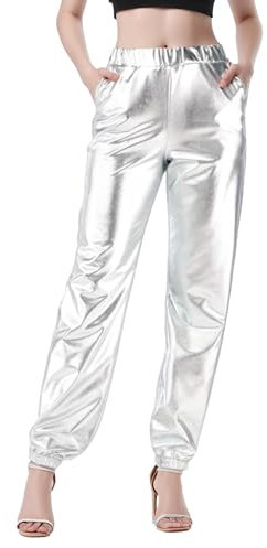 Damen Metallic Glänzed Hose, Glitter Elastische Hosen Disco Tanzhosen für Tanz Bühne Cosplay Karneval Kostüm 80er Jahre Party Disco Clubwear (DE/NL/SE/PL, Alphanumerisch, S, Regular, Regular, Silber)