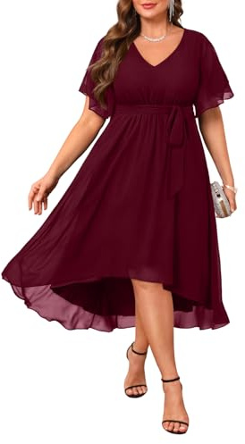 Talisea Kleid in Übergröße, für Hochzeitsgäste – formelles Cocktailkleid, Chiffon, V-Ausschnitt, kurze Ärmel, hoch niedrig, kurvige Damenkleider