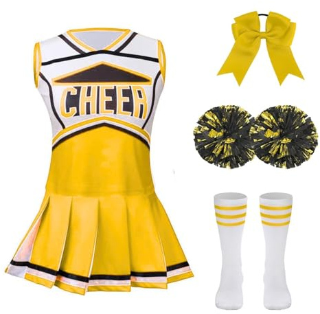 AGCOAH Cheerleading Costume for Girls Classic Yellow Cheerleader Uniforms Cheer Outfit 5PCS Set Halloween Cosplay 59.0Inch(10-11Y)