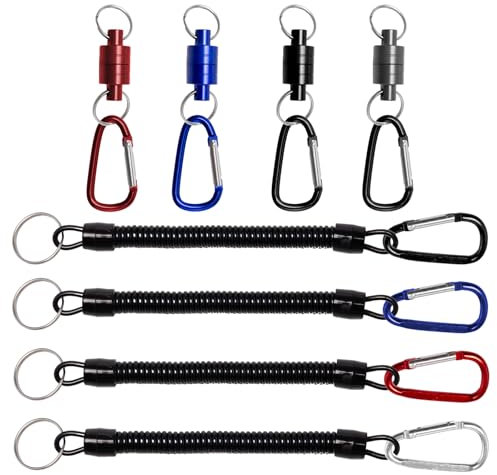 Rebanky 4 Pezzi Moschettone Magnetico Pesca, Supporto Magnetico per Rete da Pesca a Mosca con Clip Magnetica con Portachiavi a Spirale Elastico per la Pesca 4 Colori