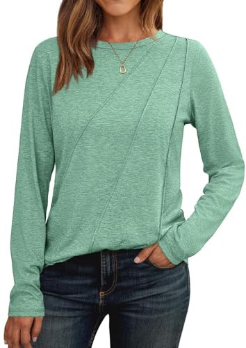 Cuptacc Damen Tshirt Rundhals Langarm Bluse Langarmshirt Mit Falten Lange Oberteile Casual Hellgrün,Groß XXL 50