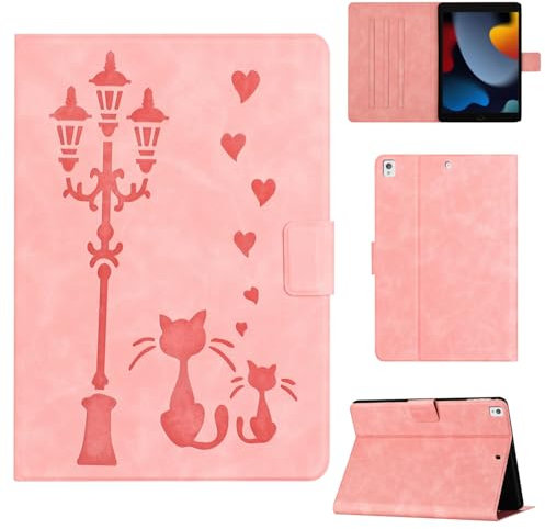Rosbtib Funda para iPad 10.2 Pulgadas (Modelo 2021/2020/2019, 9./8./7. Generación) Funda Protectora de Piel sintética con Soporte, Una Pareja de Gatos íntimos bajo una farola, para iPad 10.2, Rosa