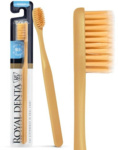 Zahnbürste Mittel mit Goldpartikeln | Mittelharte Zahnspangen Zahnbürste | Antibakterielle Borsten | Ergonomisch | Royal Denta | Bernsteingelb