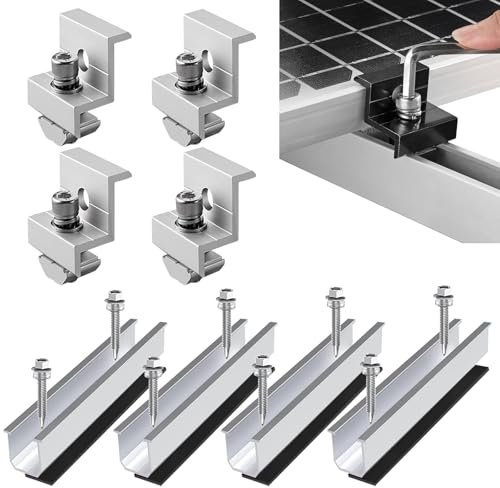 Solarmodul Halterung Flachdach Kit, 4 Stück Aluminium Schienen Und 4 Stück PV Halterung Endklemmen Verstellbare für 30-35MM Module, Solarpanel Halterung Klemme Befestigung Montage Set Halterungsclips