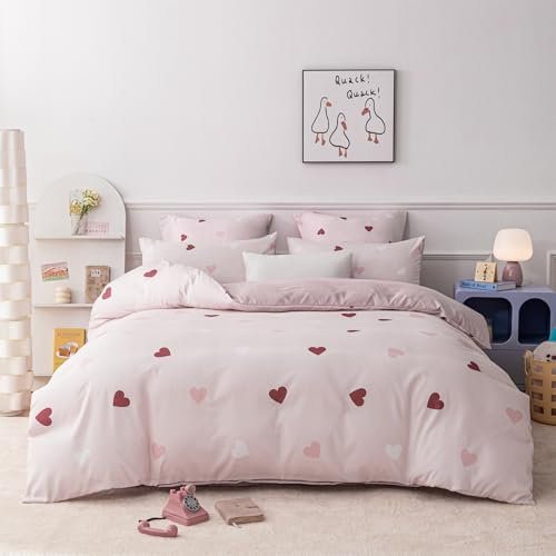 YASMENG Bettwäsche 200x200 Mädchen Herzen Rot Rosa Weiß Kinder Bettwäsche Herzen Weich Kuschelig Bettbezug Set 3 Teilig für Kinder Mädchen Geschenk mit Reißverschluss und 2 Kissenbezüge 80x80 cm